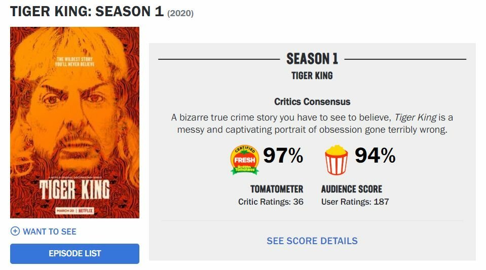 «Король тигров» стал самым поплуярным сериалом по версии Rotten Tomatoes
